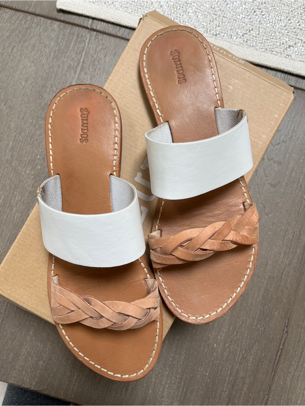 Soludos White and Tan Braided Slide Sandals